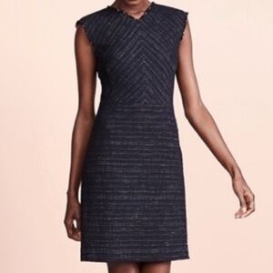 Rebecca Taylor Fringe-Trim Black Tweed V-Neck Sheath Dress Cap Sleeve Size 2